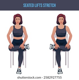Exercises that can be done at-home using a sturdy chair.chair exercise,Seated Lifts Stretch.Flat vector illustration isolated on white background.
