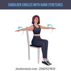 Exercises that can be done at-home using a sturdy chair.chair exercise,Shoulder Circles With Hand Stretches.Flat vector illustration isolated on white background.