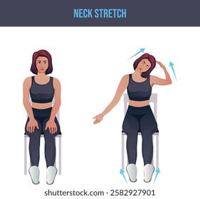 Exercises that can be done at-home using a sturdy chair.chair exercise,Neck Stretch.Flat vector illustration isolated on white background.