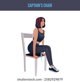 Exercises that can be done at-home using a sturdy chair.chair exercise,Captain’s Chair .Flat vector illustration isolated on white background.