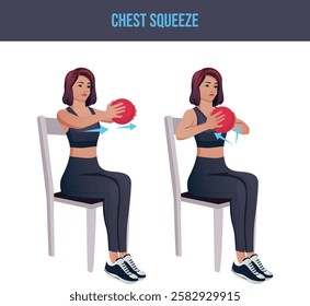 Exercises that can be done at-home using a sturdy chair.chair exercise,Chest Squeeze.Flat vector illustration isolated on white background.