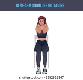 Exercises that can be done at-home using a sturdy chair.chair exercise,Bent-arm shoulder rotations.Flat vector illustration isolated on white background.