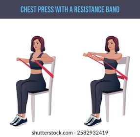 Exercises that can be done at-home using a sturdy chair.chair exercise,Chest Press With a Resistance Band .Flat vector illustration isolated on white background.