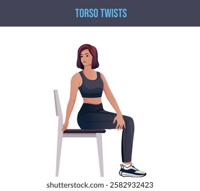 Exercises that can be done at-home using a sturdy chair.chair exercise,Torso Twists.Flat vector illustration isolated on white background.