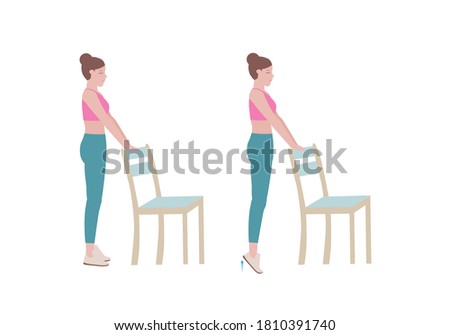 Exercises that can be done at-home using a sturdy chair.
Stand on a step so your heel can drop lower than the rest of your foot at the bottom of the movement. with Calf raises posture. Cartoon style. 商業照片 © 