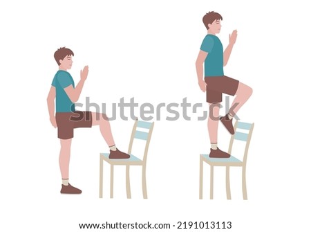 Exercises that can be done at-home using a sturdy chair.
stepping onto the bench with your right foot. without putting your weight onto your left foot with Step up posture.  Vector Illustration