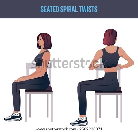 Exercises that can be done at-home using a sturdy chair.chair exercise,Seated Spiral Twists.Flat vector illustration isolated on white background.