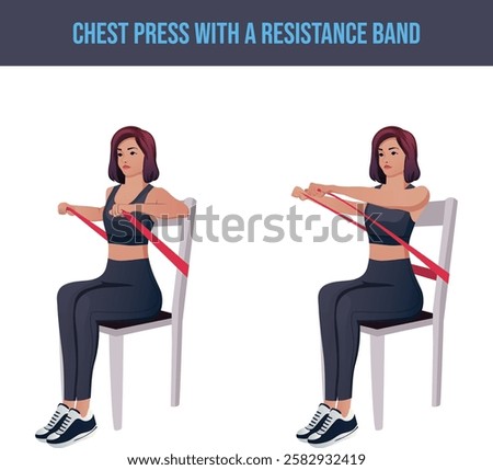 Exercises that can be done at-home using a sturdy chair.chair exercise,Chest Press With a Resistance Band .Flat vector illustration isolated on white background.