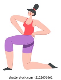 Exercises and training in gym, female character doing sports active lifestyle and losing weight. Keeping fit and staying healthy. Fitness or pilates, aerobic or flexibility. Vector in flat style