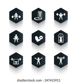 Exercises, trendy dark hexagonal icons vector illustration, eps10, easy to edit