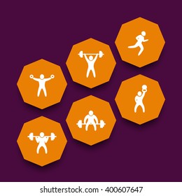 Exercises, trendy octagon icons, training signs, vector illustration