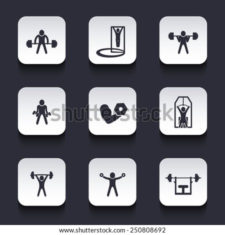 Exercises, trendy rounded square icons with shadow vector illustration, eps10, easy to edit