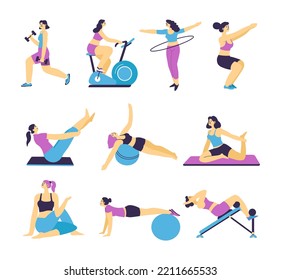 Exercises and working out, isolated women in gym training and doing push ups and squats. Using ball and orbitrek, bike and hoop for waist. Active lifestyle and strengthening. Vector in flat style