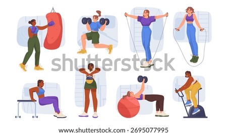 Exercises and working out. Vector isolated female characters in gym training and doing push ups and squats. Using ball and orbitrek, bike and skipping rope. Active lifestyle and strengthening
