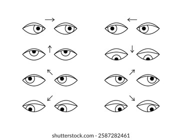 Exercises, workout for eyes of person, line icon set. Training eye muscles and relaxation for clear vision vision, stretching. Vision correction. Direction arrows. Vector illustration