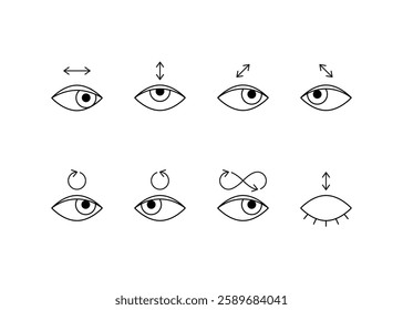 Exercises, workout for eyes of person, line set icon. Training eye muscles and relaxation for clear vision vision, stretching. Vision correction. Direction arrows. Vector illustration