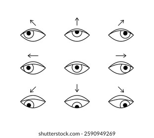 Exercises, workout for eyes of person, line set. Training eye muscles and relaxation for clear vision vision, stretching. Vision correction. Vector illustration