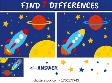 Exercises for young children "Find 7 differences". Educational game for preschool with  blue and red cartoon rocket in space among stars and planets. Vector illustration