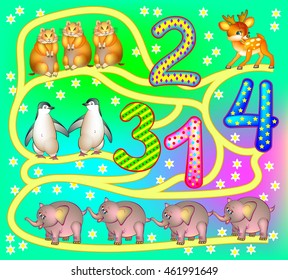 Exercises for young children - need to count the animals and draw the way till the relevant numbers. Develops skills for counting. Vector cartoon image.