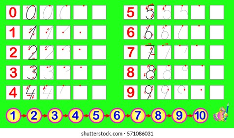 Exercises for young children. Need to draw the numbers according to the sample. Developing skills for counting and writing. Vector cartoon image.