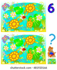 Exercises for young children - need to find 6 differences. Developing skills for counting. Vector cartoon image.