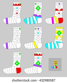 Exercises for young children - needs to paint all socks by the same colors. Developing skills for counting and coloring. Vector image.
