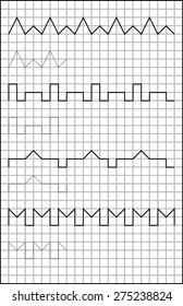 Exercises for young children on a square paper. Developing skills for writing and drawing. Vector image.