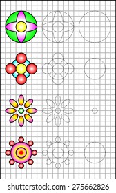 Exercises for young children on a square paper. Developing skills for writing and drawing. Vector image.
