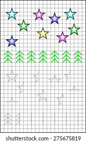 Exercises for young children on a square paper. Developing skills for writing and drawing. Vector image.