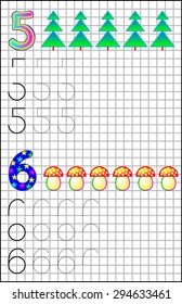 Exercises for young children on a square paper. Developing skills for counting and drawing. Vector image.