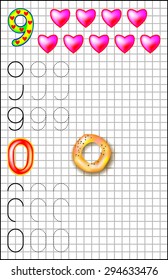 Exercises for young children on a square paper. Developing skills for counting and drawing. Vector image.