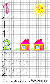 Exercises for young children on a square paper. Developing skills for counting and drawing. Vector image.