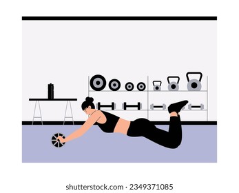 Üben Sie Bauchmuskeln und Arme mit einer Radwalze im Fitnessraum, körperliche Aktivität im Innenbereich, Fitness-Vektorgrafik.