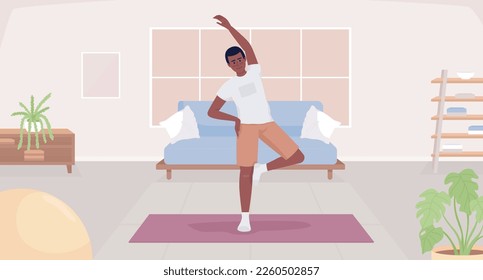 Exercising after waking up flat color vector illustration. Young man stretching arm and standing on yoga mat. Fully editable 2D simple cartoon character with cozy living room interior on background