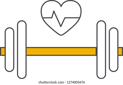 exercising barbell and heart beating simple & line flat icon in web
