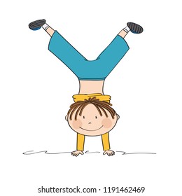 Exercising boy having fun, smiling, doing handstand - original hand drawn illustration