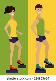Exercising couple, fitness man and woman. Flat design illustration.