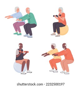 Exercising for elderly semi flat color vector characters set. Editable figures. Full body people on white. Wellbeing simple cartoon style illustrations collection for web graphic design and animation