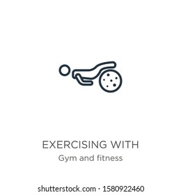 Exercising with gymnastic ball icon. Thin linear exercising with gymnastic ball outline icon isolated on white background from gym and fitness collection. Line vector sign, symbol for web and mobile