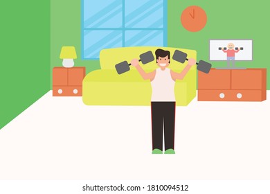 Exercising at home vector concept: Man doing workout with dumbbell while watching instructor video on the tv at home