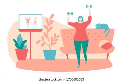 Exercising at home. Young woman doing shoulder press exercise at her apartment. Online fitness class on laptop. Working out with dumbbells. Active lifestyle during isolation and quarantine period.