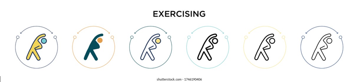 Exercising icon in filled, thin line, outline and stroke style. Vector illustration of two colored and black exercising vector icons designs can be used for mobile, ui, web
