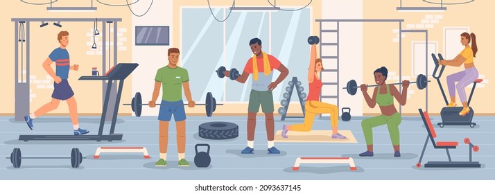 Exercising and keeping fit, people working out in gym using barbels and dumbbells, treadmill running track and bike. Fitness and bodybuilding, powerlifting and strengthening of body, vector in flat