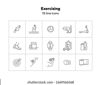 Exercising line icon set. Supplement, game, exercising. Healthy lifestyle concept. Can be used for topics like physical activity, leisure, wellness