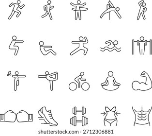 Exercising Line Icons Set. Collection of Thin Outline Symbols for Fitness, Sport, Gym, and Healthy Lifestyle. Isolated Vector Illustration.