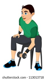 Exercício, homem levantar dumbells, ilustração vetorial