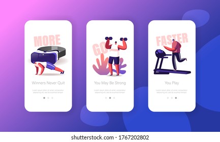 Exercising Mobile App Page Onboard Screen Template. Characters in Sports Wear and Vr Goggles Running on Treadmill, Augmented Reality, Virtual Sport Training Concept. Cartoon People Vector Illustration