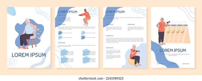 Exercising at old age flat vector brochure template. Healthcare booklet, leaflet printable flat color designs. Editable magazine page, reports kit with text space. Sniglet, Comfortaa fonts used