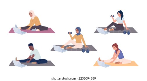 Exercising with online lesson semi flat color vector characters set. Editable figures. Full body people on white. Simple cartoon style illustrations collection for web graphic design and animation