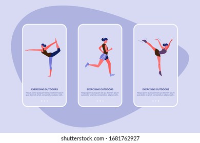 Exercising outdoors set. People running, doing yoga, playing ball in city park. Flat vector illustrations. Summer, sport, morning activities concept for banner, website design or landing web page